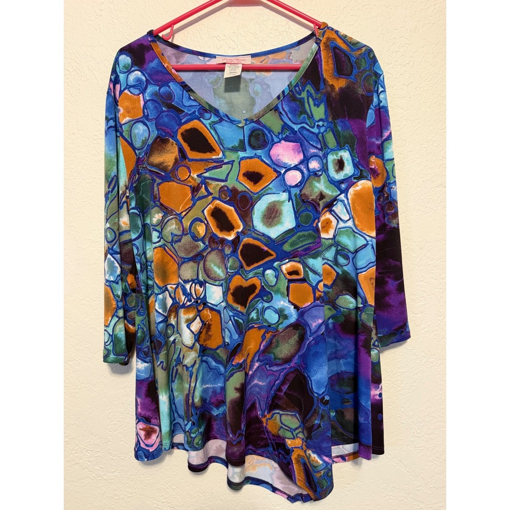 Pretty Woman Abstract Geometric V-Neck Tunic Top Blue Purple 3/4 Sleeve XL